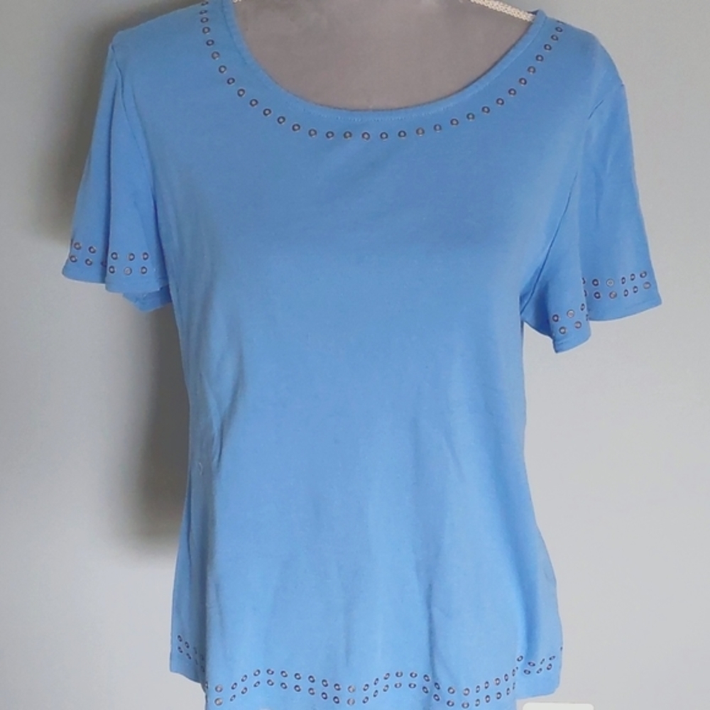 Karen Scott blue cotton short sleeve knit top. Size L